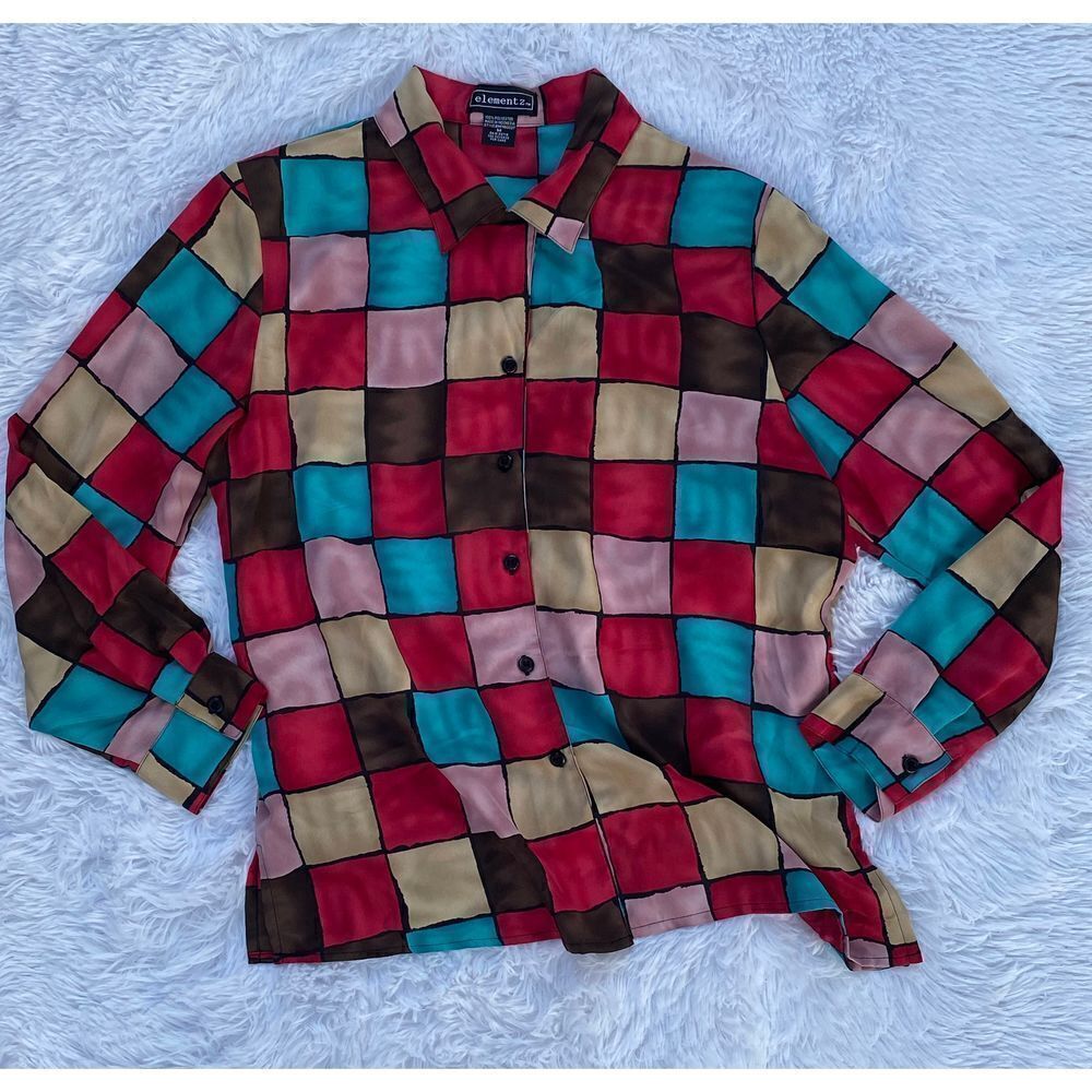 Elementz SZ M Woman’s Colorful Block Print Button Down Blouse/Top - Picture 10 of 10